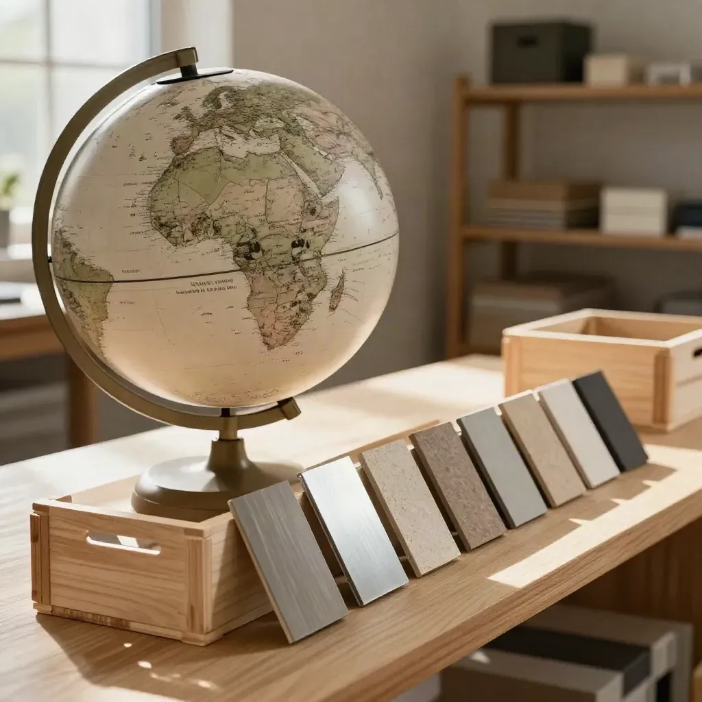 Globo ceramico, casse da export e campioni materiali su banco chiaro in luce mattutina