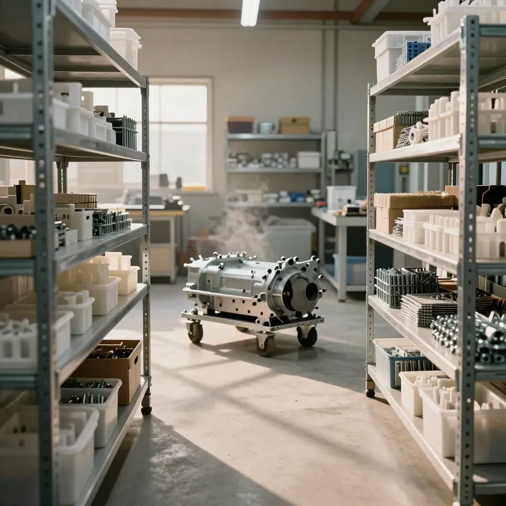Piccola officina di assemblaggio luminosa con telai metallici, scaffali ordinati e vapore leggero.