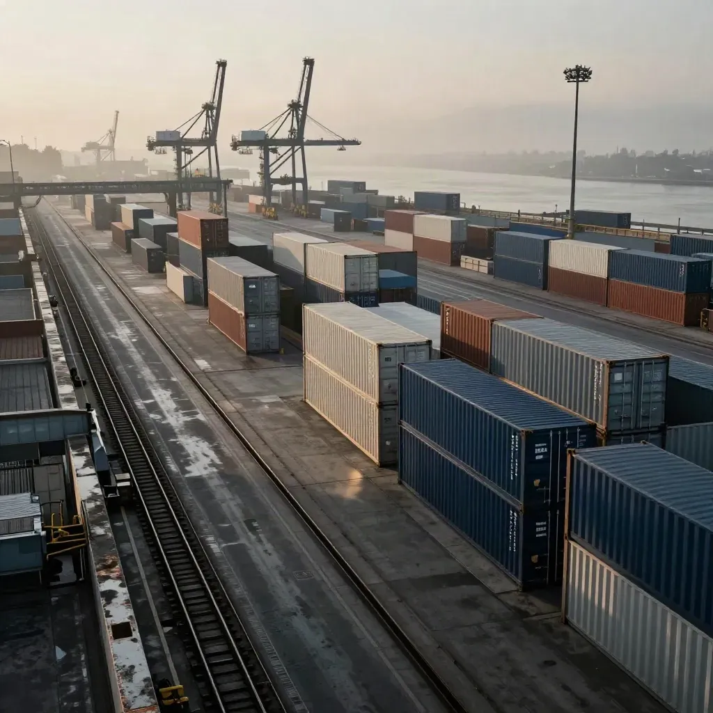 Porto intermodale all’alba con container, viadotto merci e strade diagonali nella foschia