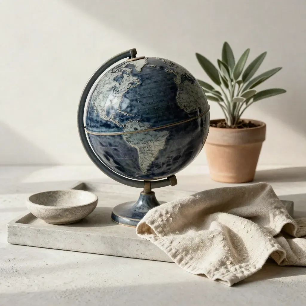 Globo ceramico con piantina, panno piegato e dish su vassoio di pietra, luce soffusa